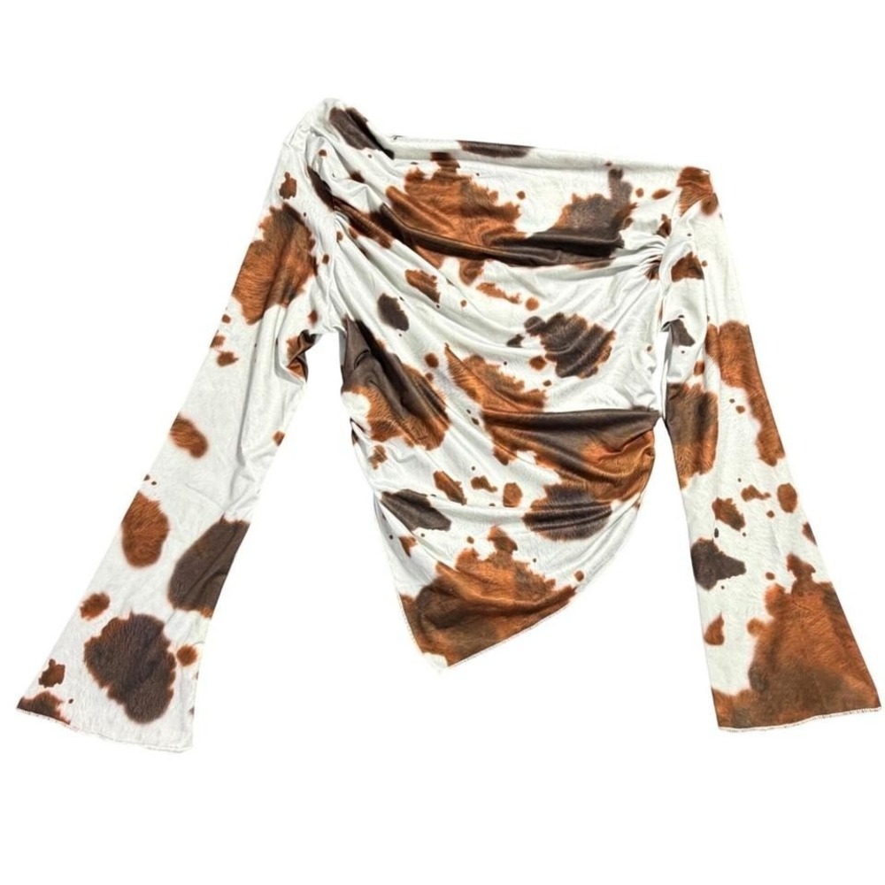 Cow Print Asymmetric Handkerchief Hem Off Shoulder Long Sleeve Top Brown White M